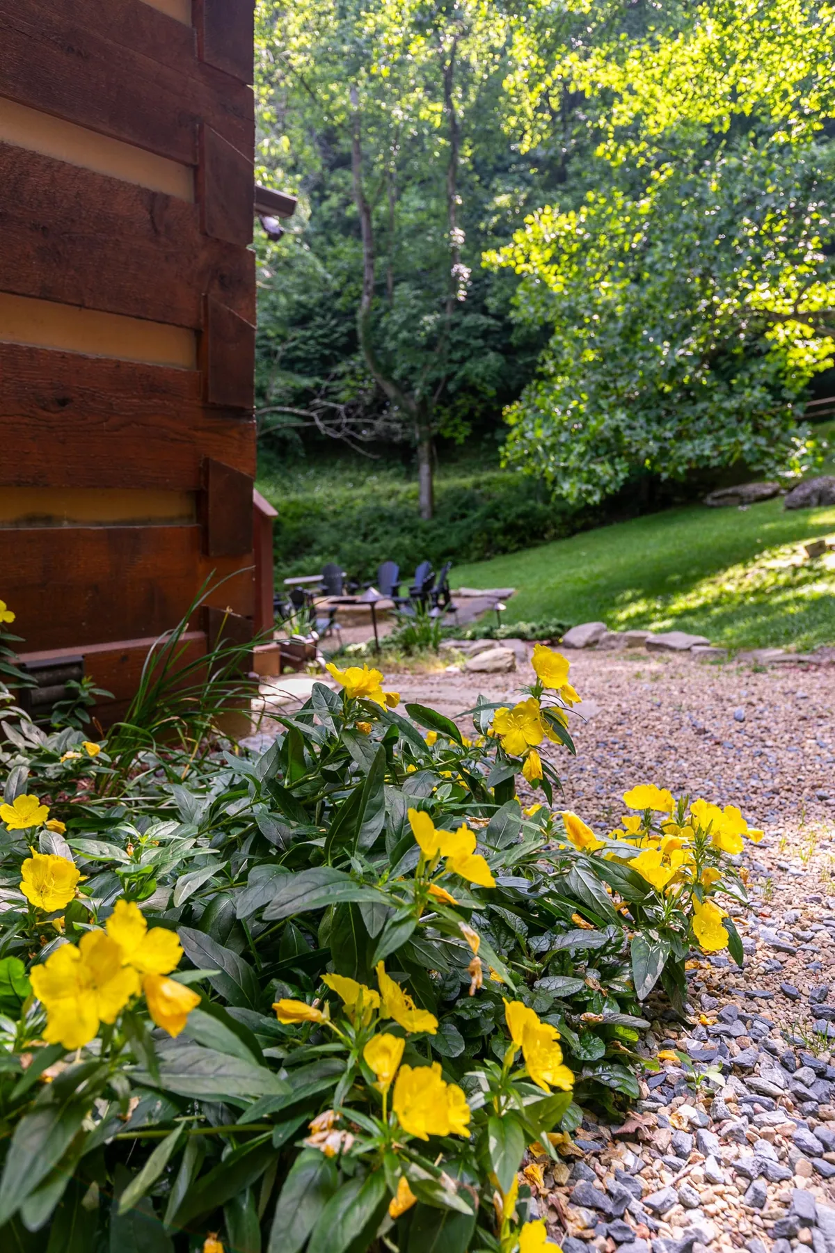 A vibrant garden scene featuring a wooden structure and a patio seating area, surrounded by blooming yellow flowers and a green lawn. The space is perfect for sunset picnics, morning coffee, or gathering around the firepit for evening stories.